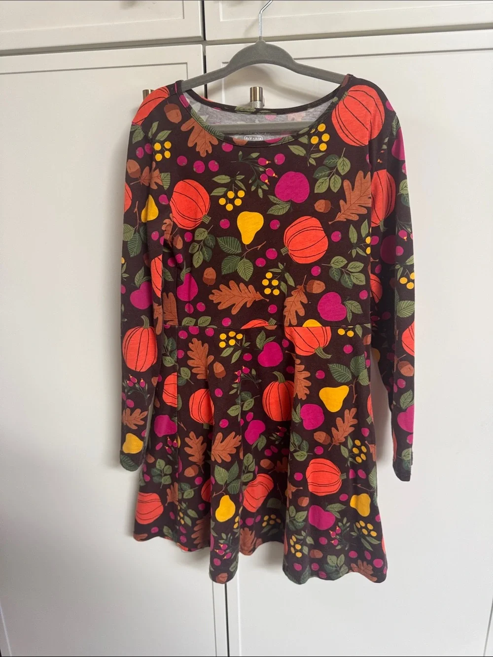The Children's Place Brown Dress with Orange Pumpkin & Pink Fruit Pattern